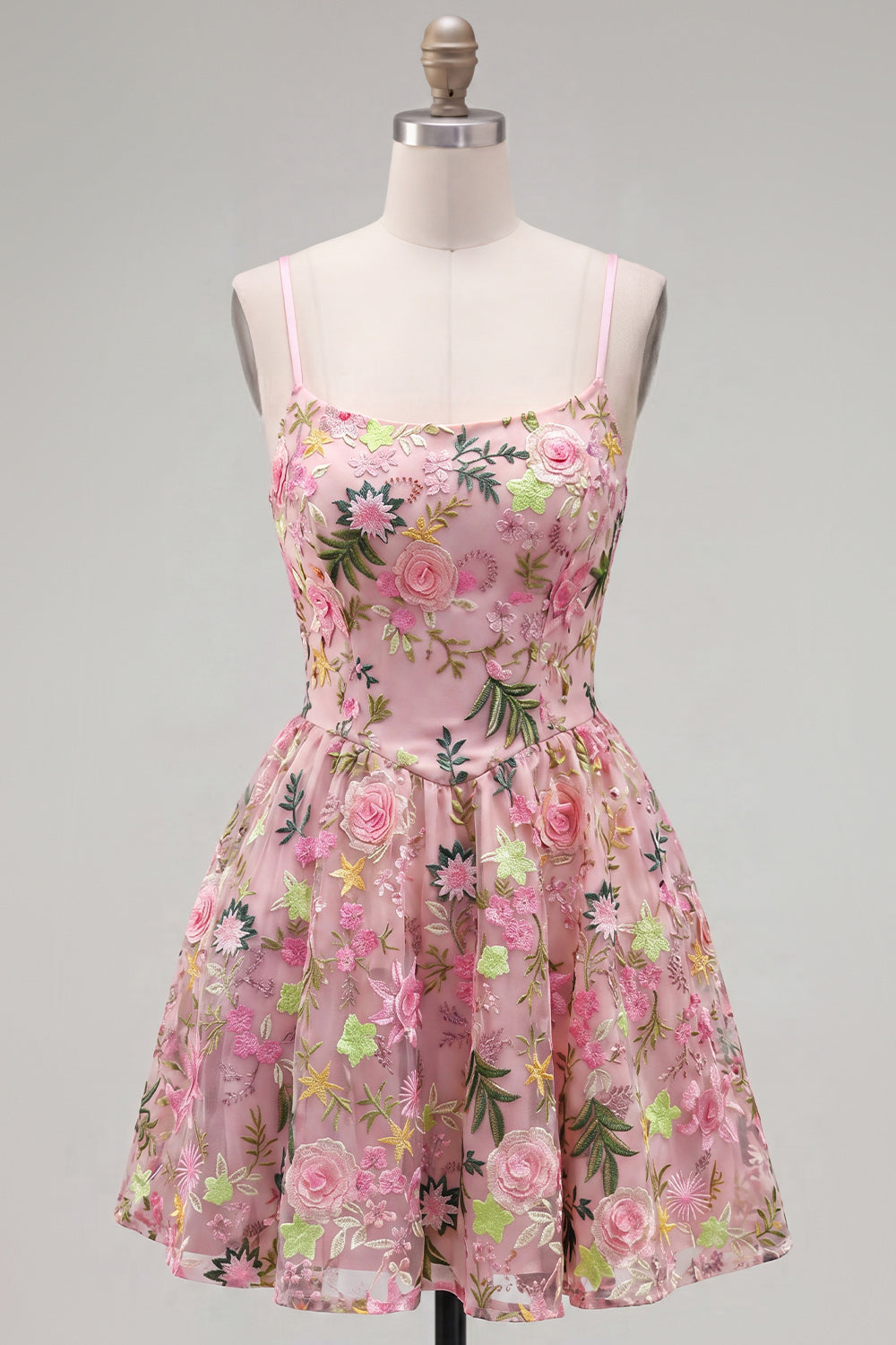 Pink Short Floral A Line Spaghetti Straps Homecoming Dress with Pockets