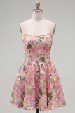 Pink Short Floral A Line Spaghetti Straps Homecoming Dress with Pockets