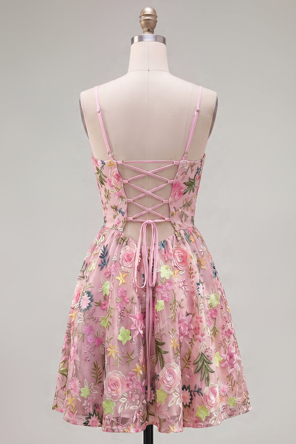 Pink Short Floral A Line Spaghetti Straps Homecoming Dress with Pockets