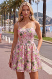 Pink Short Floral A Line Spaghetti Straps Homecoming Dress with Pockets