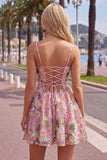 Pink Short Floral A Line Spaghetti Straps Homecoming Dress with Pockets