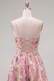 Pink Short Floral A Line Spaghetti Straps Homecoming Dress with Pockets