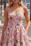 Pink Short Floral A Line Spaghetti Straps Homecoming Dress with Pockets