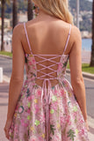 Pink Short Floral A Line Spaghetti Straps Homecoming Dress with Pockets