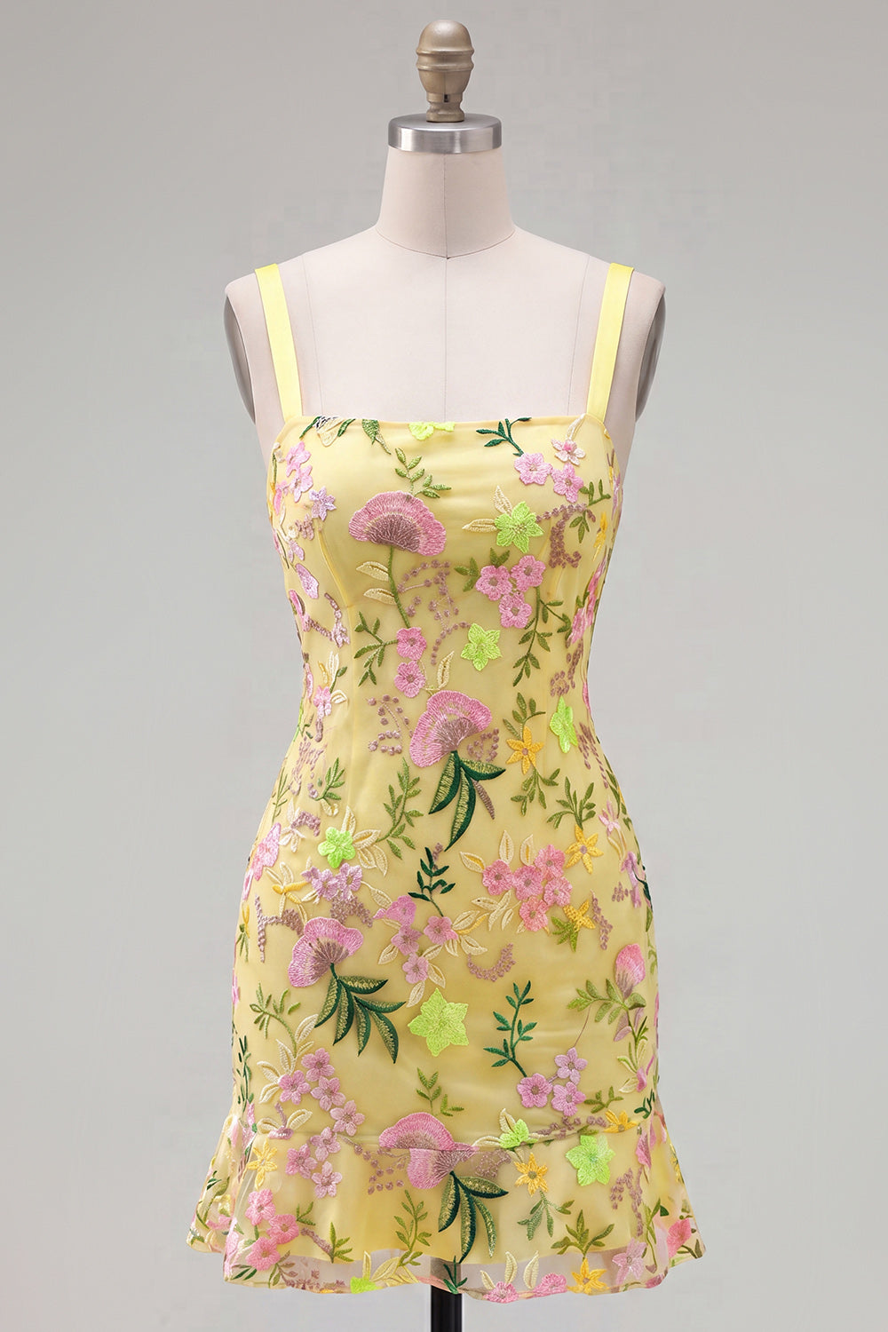 Butter Yellow Floral Tight Short Homecoming Dress with Ruffles