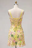 Butter Yellow Floral Tight Short Homecoming Dress with Ruffles