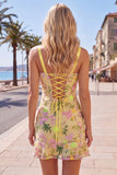 Butter Yellow Floral Tight Short Homecoming Dress with Ruffles