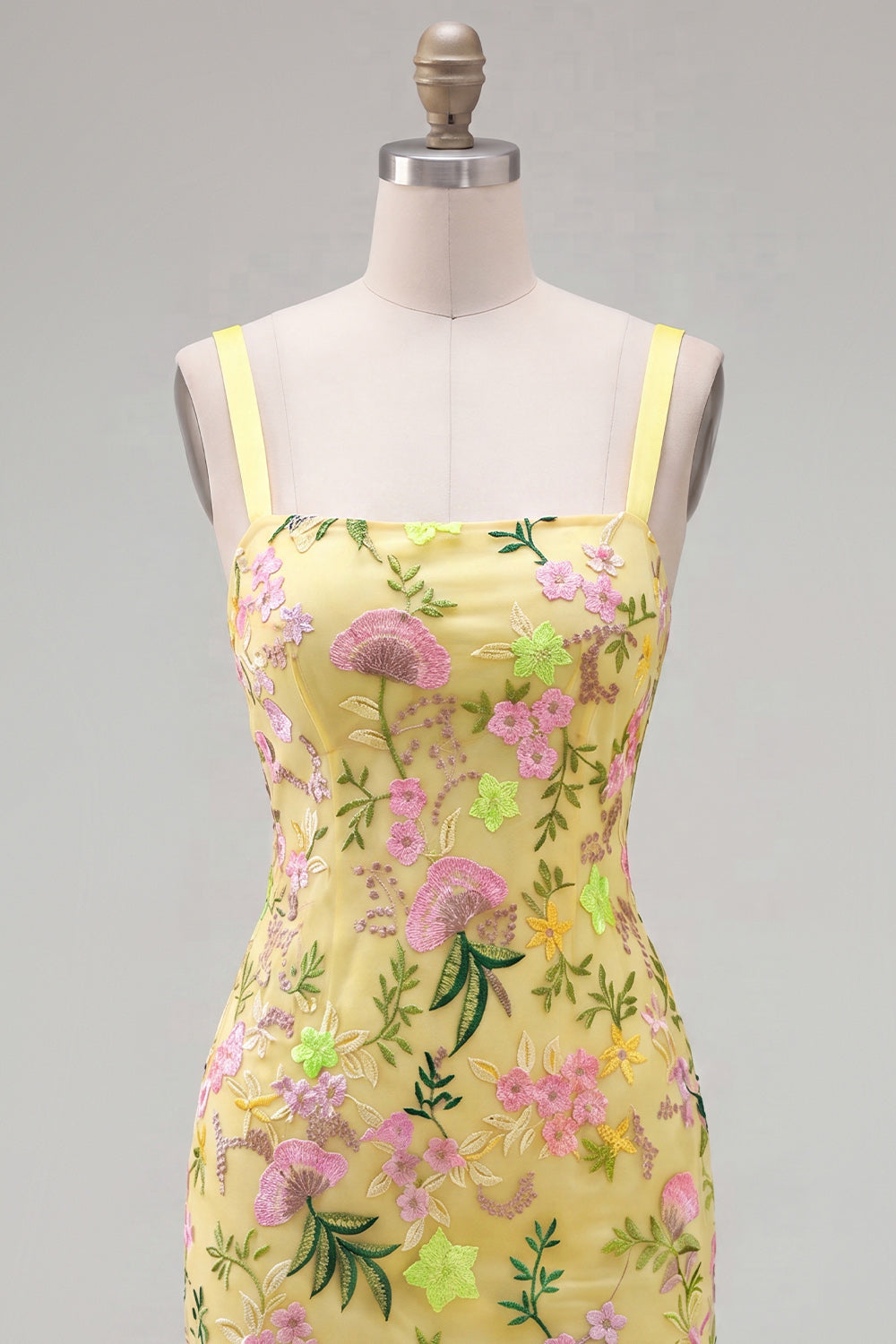 Butter Yellow Floral Tight Short Homecoming Dress with Ruffles