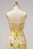 Butter Yellow Floral Tight Short Homecoming Dress with Ruffles