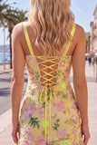 Butter Yellow Floral Tight Short Homecoming Dress with Ruffles