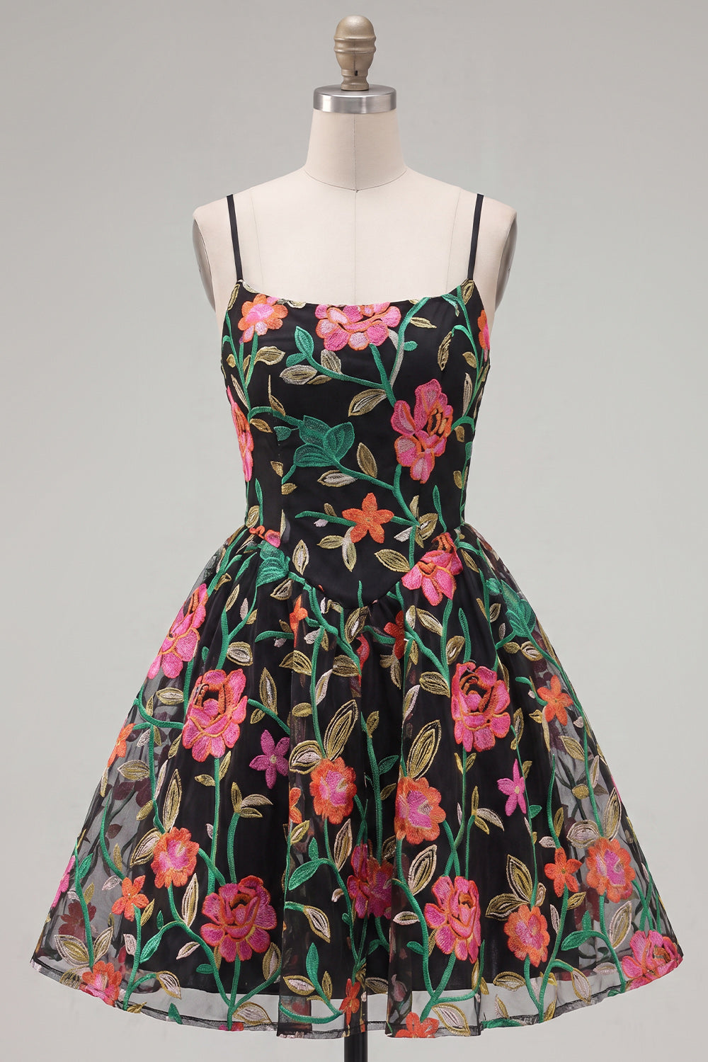 Black Red Flower A Line Short Spaghetti Straps Homecoming Dress