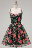 Black Red Flower A Line Short Spaghetti Straps Homecoming Dress