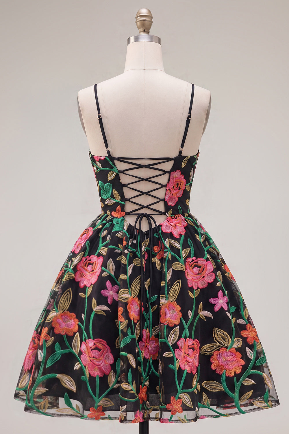 Black Red Flower A Line Short Spaghetti Straps Homecoming Dress