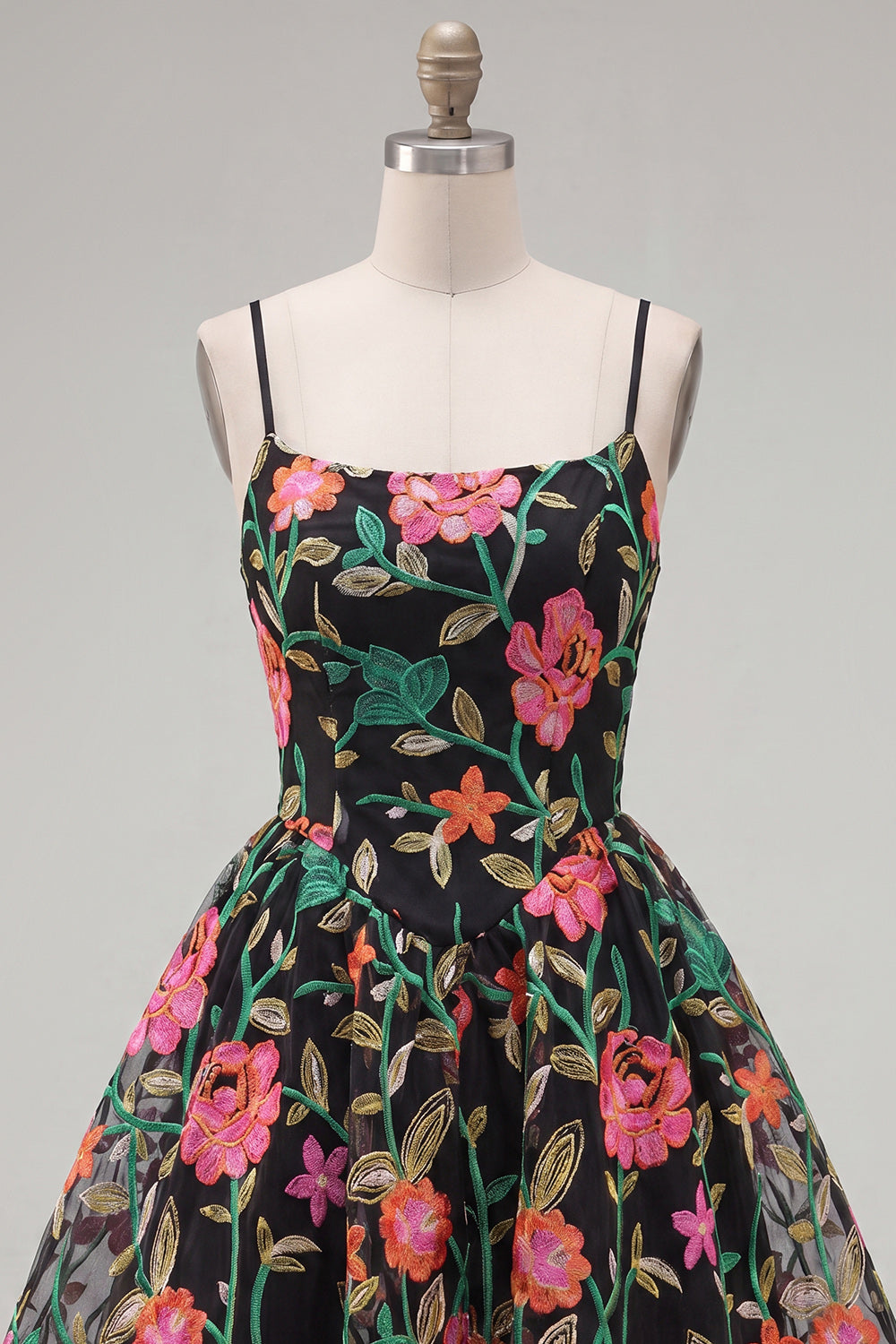Black Red Flower A Line Short Spaghetti Straps Homecoming Dress