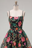 Black Red Flower A Line Short Spaghetti Straps Homecoming Dress