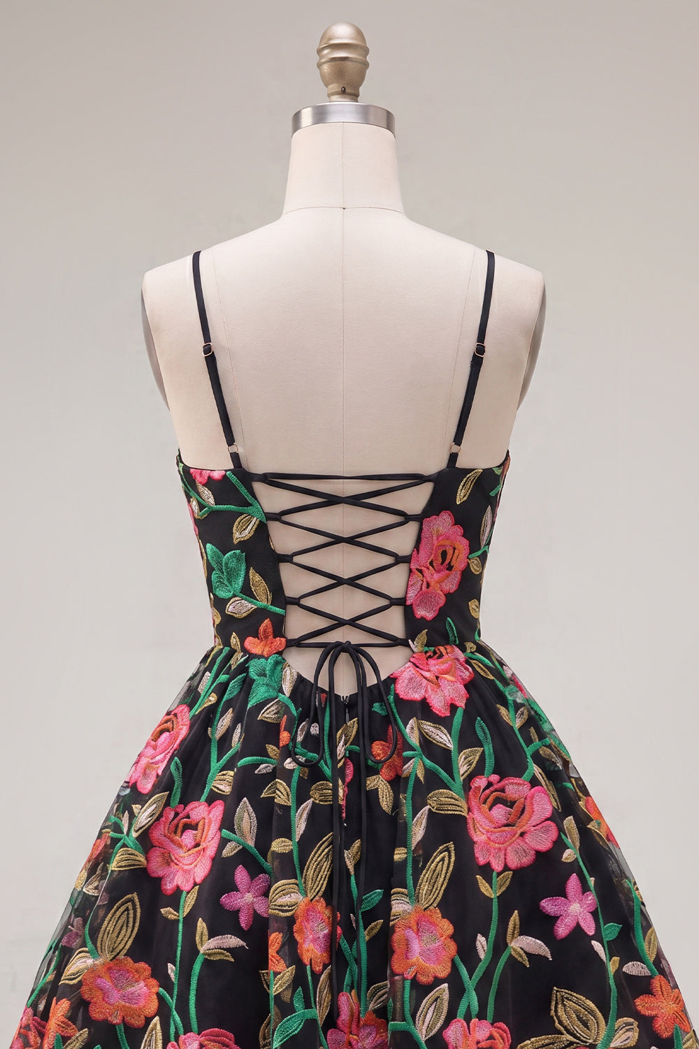 Black Red Flower A Line Short Spaghetti Straps Homecoming Dress