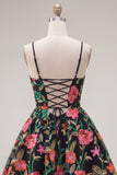 Black Red Flower A Line Short Spaghetti Straps Homecoming Dress