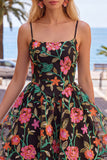 Black Red Flower A Line Short Spaghetti Straps Homecoming Dress