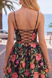 Black Red Flower A Line Short Spaghetti Straps Homecoming Dress