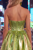Green Metallic Ruched Sweetheart A-Line Short 80s Homecoming Dress