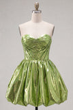 Green Metallic Ruched Sweetheart A-Line Short 80s Homecoming Dress