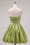 Green Metallic Ruched Sweetheart A-Line Short 80s Homecoming Dress