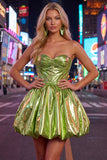 Green Metallic Ruched Sweetheart A-Line Short 80s Homecoming Dress