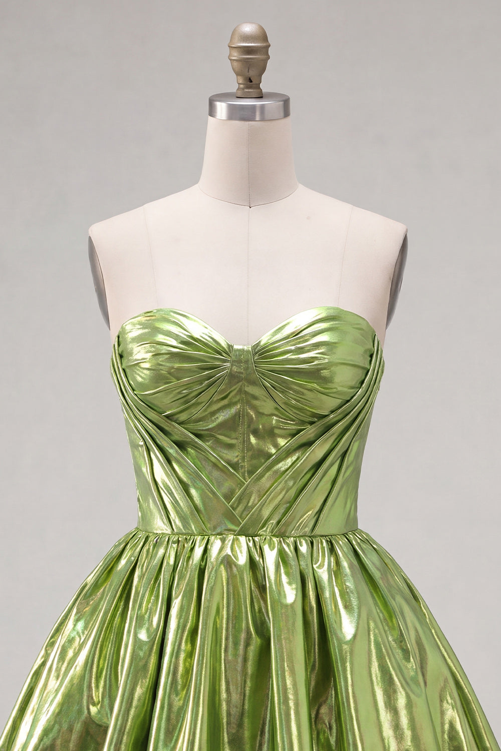 Green Metallic Ruched Sweetheart A-Line Short 80s Homecoming Dress