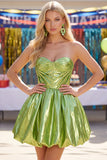 Green Metallic Ruched Sweetheart A-Line Short 80s Homecoming Dress