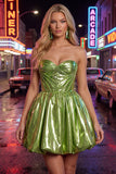 Green Metallic Ruched Sweetheart A-Line Short 80s Homecoming Dress