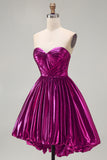 Fuchsia Ruched Metallic High-Low 80s Homecoming Dress with Pockets