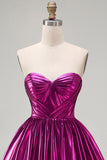 Fuchsia Ruched Metallic High-Low 80s Homecoming Dress with Pockets