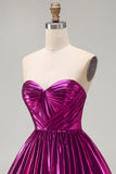 Fuchsia Ruched Metallic High-Low 80s Homecoming Dress with Pockets
