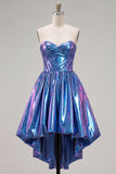 Royal Blue Ruched Metallic High-Low 80s Homecoming Dress with Pockets