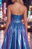 Royal Blue Ruched Metallic High-Low 80s Homecoming Dress with Pockets