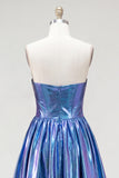 Royal Blue Ruched Metallic High-Low 80s Homecoming Dress with Pockets