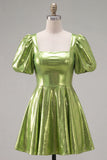 Yellow Metallic A-Line Short 80s Homecoming Dress with Sleeves