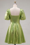 Yellow Metallic A-Line Short 80s Homecoming Dress with Sleeves