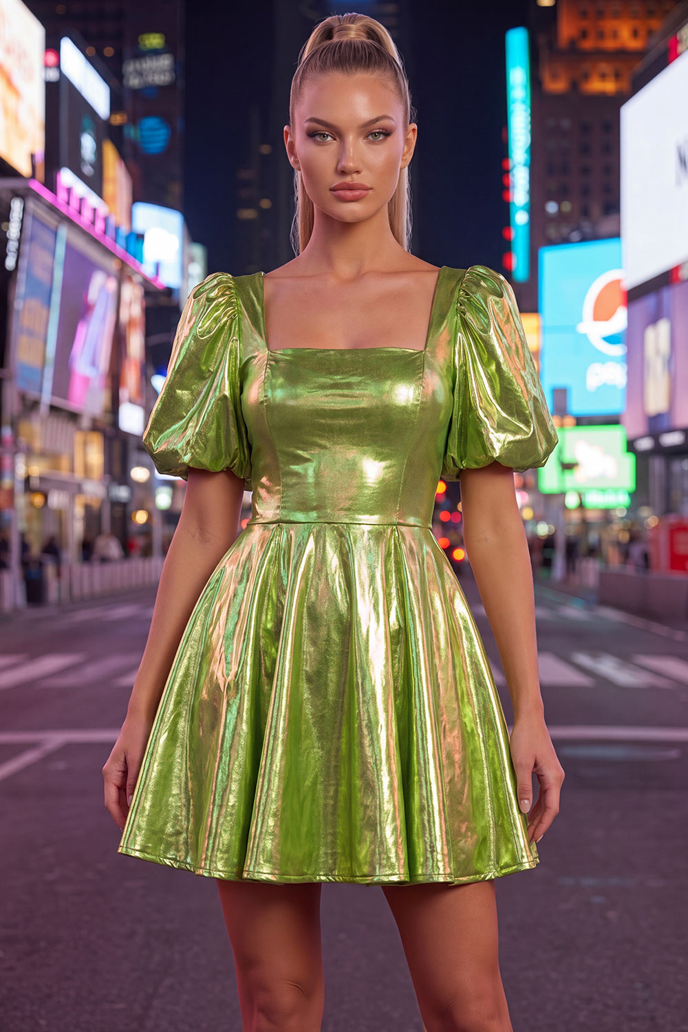 Yellow Metallic A-Line Short 80s Homecoming Dress with Sleeves