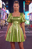 Yellow Metallic A-Line Short 80s Homecoming Dress with Sleeves