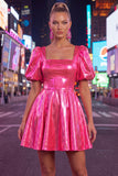 Yellow Metallic A-Line Short 80s Homecoming Dress with Sleeves