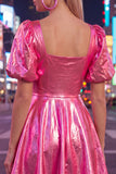 Yellow Metallic A-Line Short 80s Homecoming Dress with Sleeves