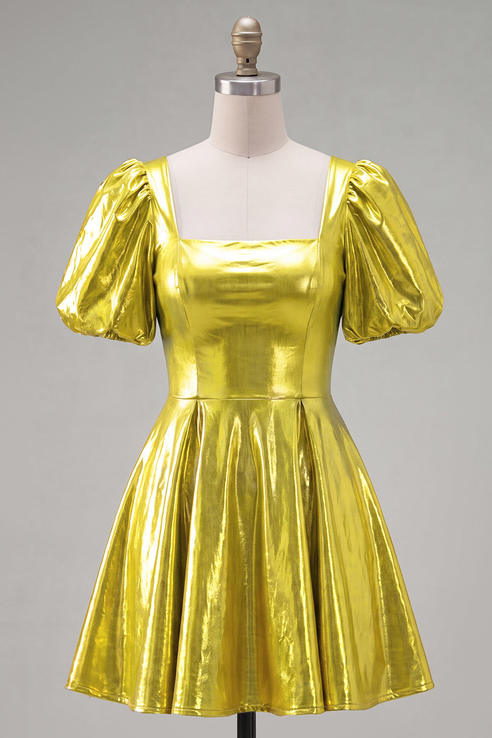 Yellow Metallic A-Line Short 80s Homecoming Dress with Sleeves