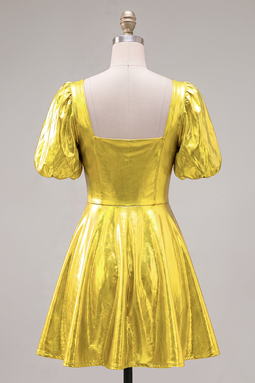Yellow Metallic A-Line Short 80s Homecoming Dress with Sleeves