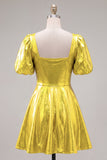 Yellow Metallic A-Line Short 80s Homecoming Dress with Sleeves