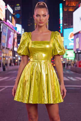 Yellow Metallic A-Line Short 80s Homecoming Dress with Sleeves