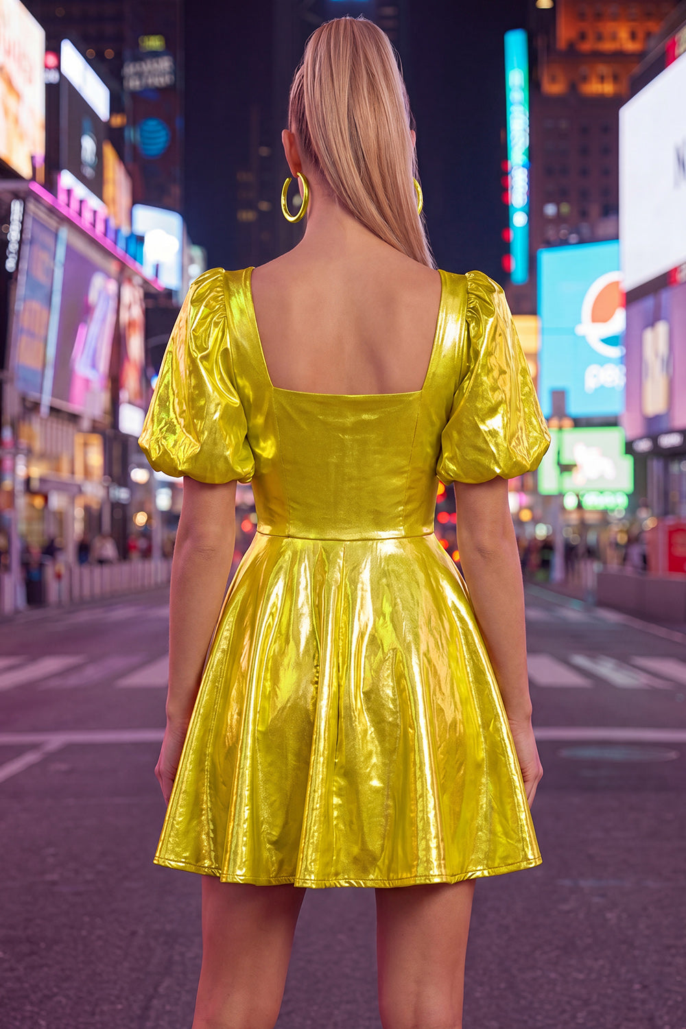 Yellow Metallic A-Line Short 80s Homecoming Dress with Sleeves