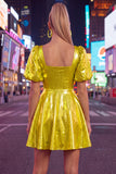 Yellow Metallic A-Line Short 80s Homecoming Dress with Sleeves