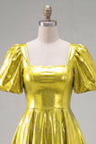 Yellow Metallic A-Line Short 80s Homecoming Dress with Sleeves