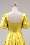 Yellow Metallic A-Line Short 80s Homecoming Dress with Sleeves